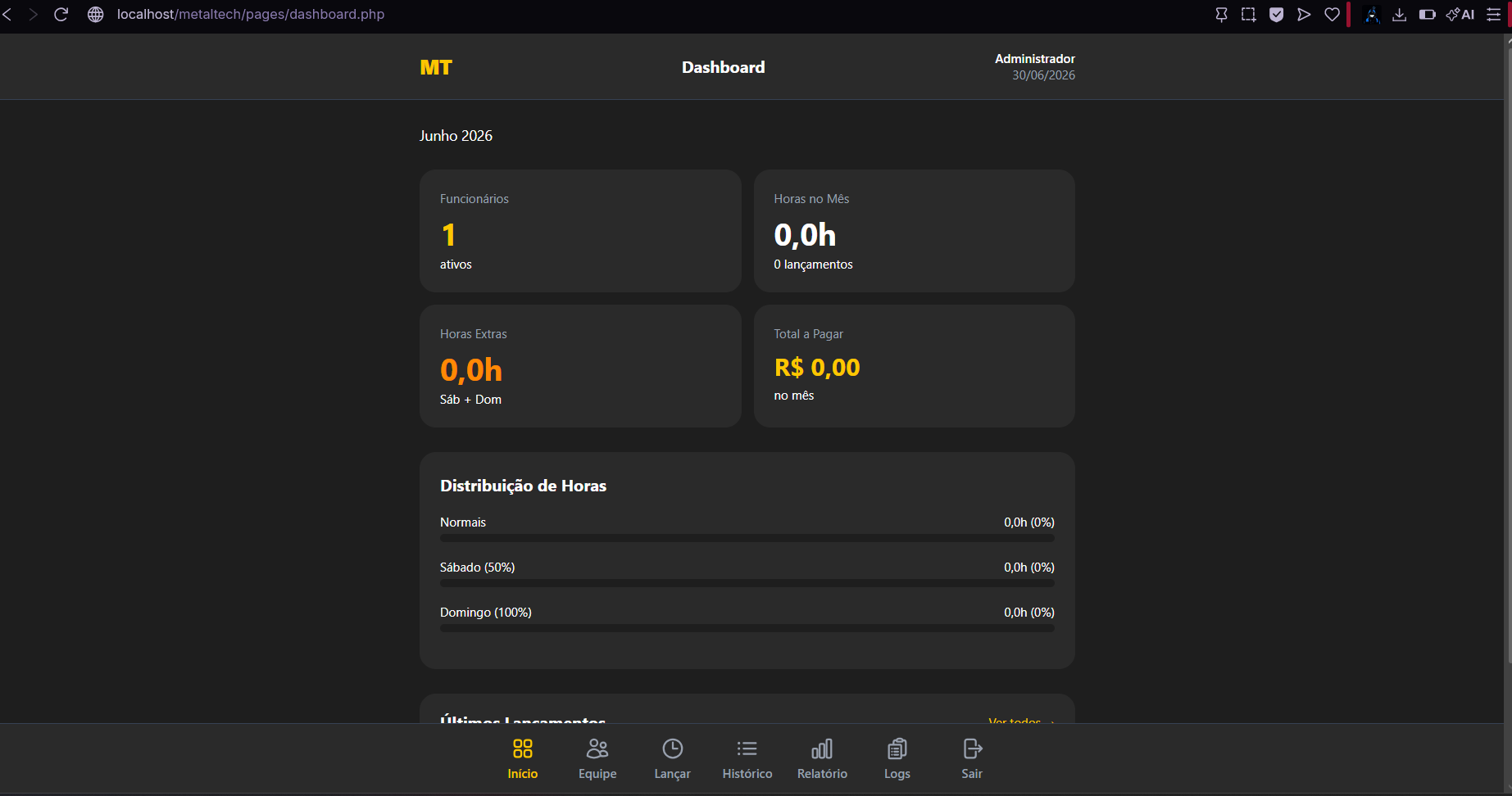 Dashboard do sistema de controle de horas